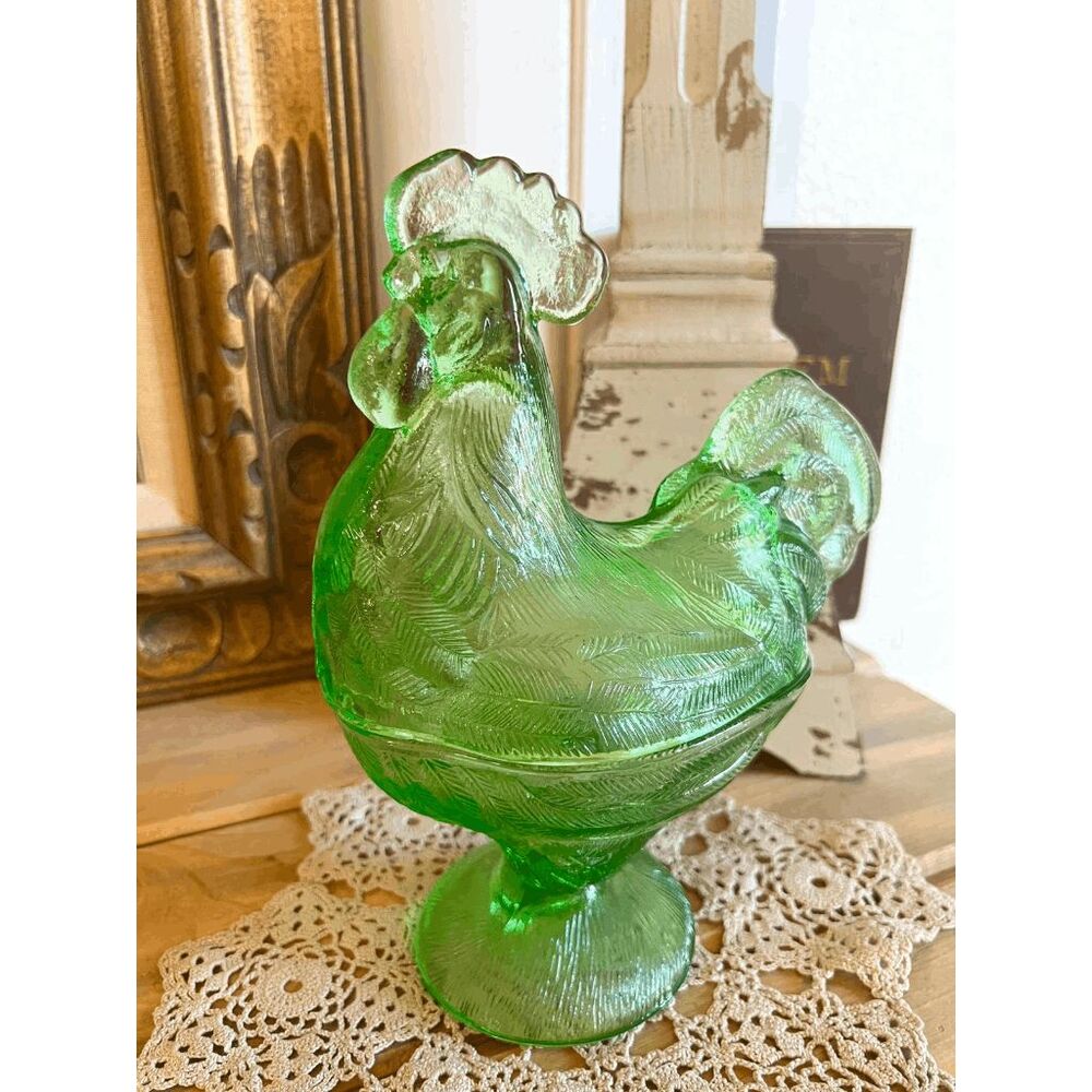 Mosser Rosso Glass Green Carnival Rooster on Nest Covered Dish Westmoreland Mold